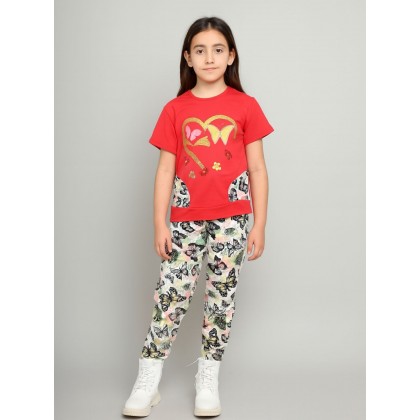 بجامة بناتي قطعتين صيفي لون أحمر