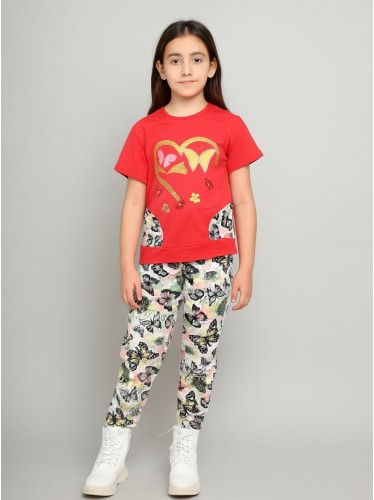 بجامة بناتي قطعتين صيفي لون أحمر