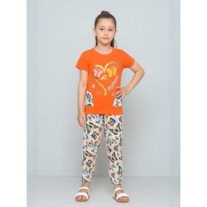 بجامة بناتي قطعتين صيفي لون برتقالي