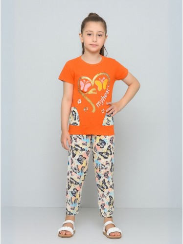 بجامة بناتي قطعتين صيفي لون برتقالي