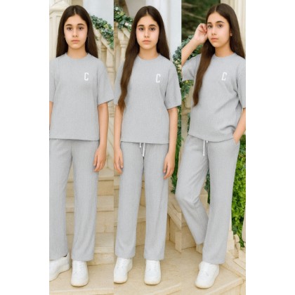 بيجامة صيفية بناتية لون رمادي فاتح