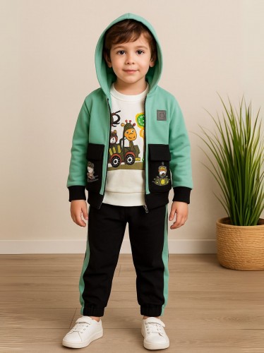 طقم مع جاكيت (3 قطع) للأطفال لون أخضر وأسود