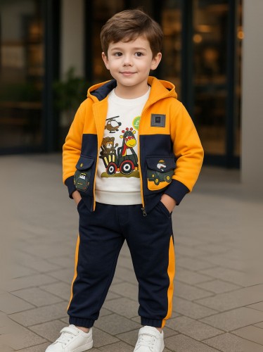 طقم مع جاكيت (3 قطع) للأطفال لون أصفر وكحلي