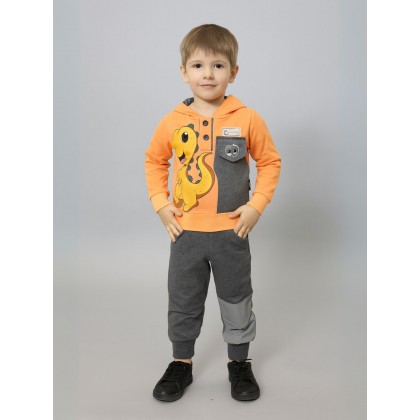 بجامة قطعتين بأكمام طويلة للأطفال لون برتقالي ورمادي
