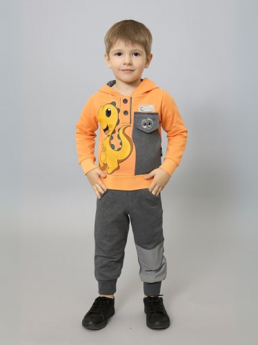 بجامة قطعتين بأكمام طويلة للأطفال لون برتقالي ورمادي