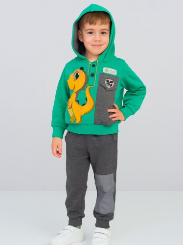 بجامة قطعتين بأكمام طويلة للأطفال لون أخضر ورمادي