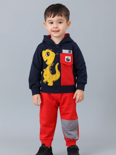 بجامة قطعتين بأكمام طويلة للأطفال لون أسود وأحمر