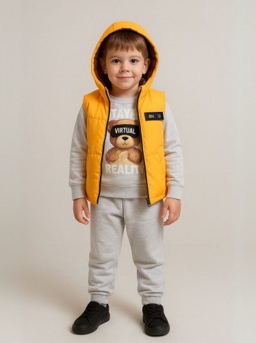 طقم مع فيزت(3 قطع) للأطفال لون أصفر وسكني