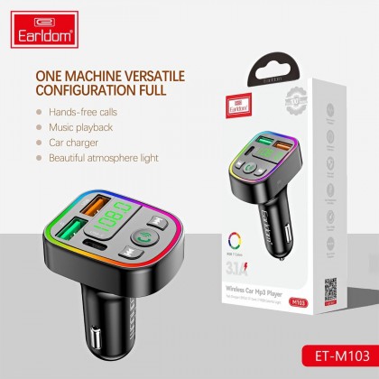 مشغل MP3 سيارة  بلوتوث ماركة Earldome - ذات  2 منفذ USB و منفذ Type C - مع 7 ألوان RGB 