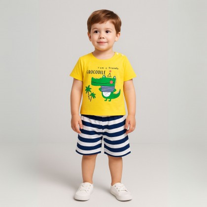طقم قطعتين بأكمام قصيرة مع شورت للأطفال لون أصفر
