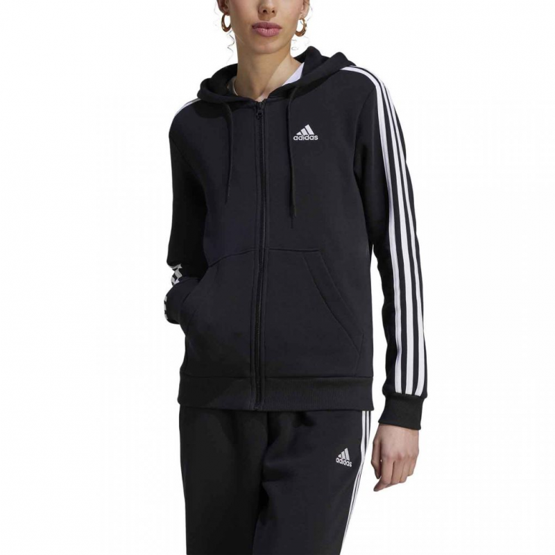 adidas Womens' Essentials 3-Stripes Full-Zip Fleece Hoodie - Black