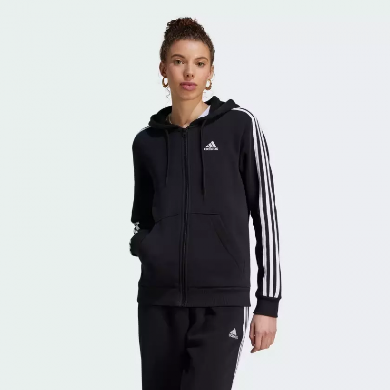 adidas Womens' Essentials 3-Stripes Full-Zip Fleece Hoodie - Black