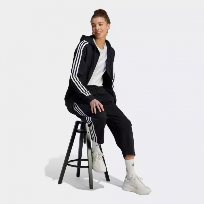 adidas Womens' Essentials 3-Stripes Full-Zip Fleece Hoodie - Black