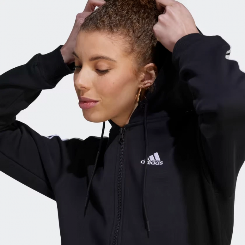 adidas Womens' Essentials 3-Stripes Full-Zip Fleece Hoodie - Black