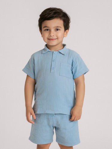 طقم ولادي قطعتين شورت وبلوزة لون ازرق
