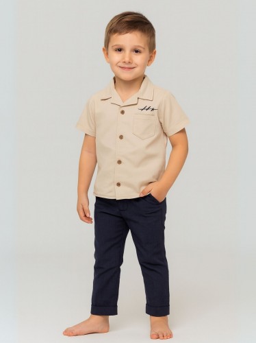 طقم ولادي بنطلون وقميص سادة لون بيج