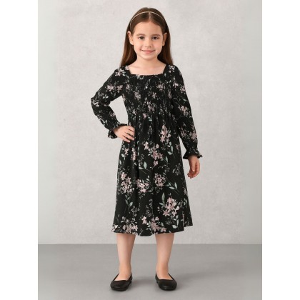 فستان بناتي لون اسود مع ورد