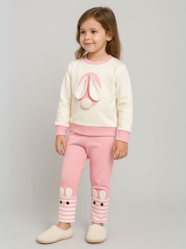 بجامة بأكمام طويلة قطعتين بناتي لون أبيض وزهري