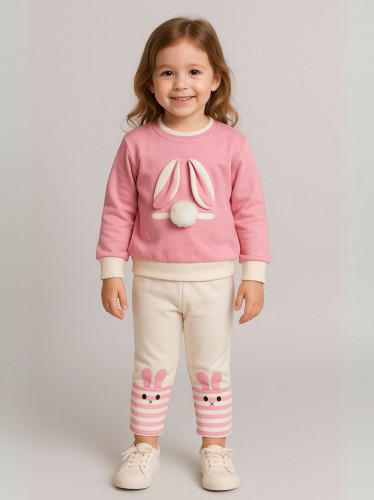 بجامة بأكمام طويلة قطعتين بناتي لون زهري وأبيض