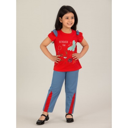 بجامة بناتي بأكمام قصيرة (قطعتين) لون أحمر وأزرق