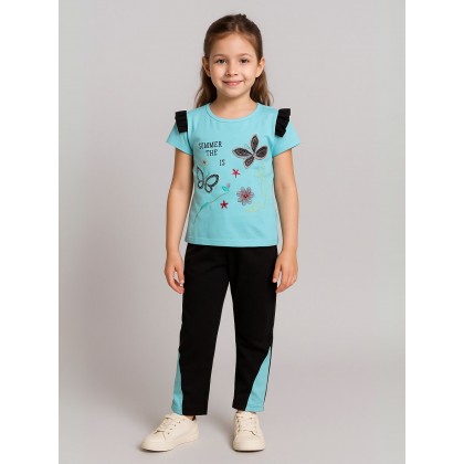 بجامة بناتي بأكمام قصيرة (قطعتين) لون أزرق وأسود