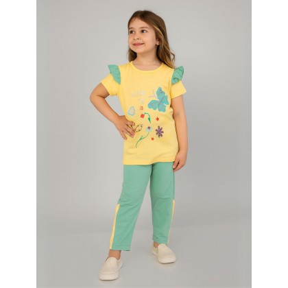 بجامة بناتي بأكمام قصيرة (قطعتين) لون أصفر وأخضر