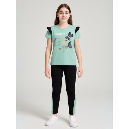 بجامة بناتي بأكمام قصيرة (قطعتين) لون أخضر وأسود