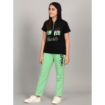 بجامة بناتي بأكمام قصيرة (قطعتين) لون أسود وأخضر