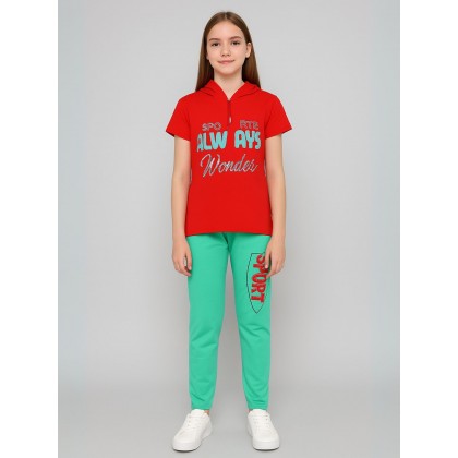 بجامة بناتي بأكمام قصيرة (قطعتين) لون أحمر وأخضر