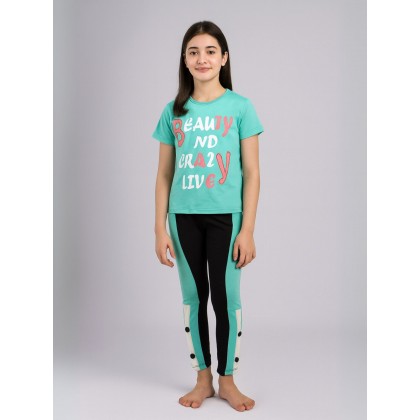 بجامة بناتي بأكمام قصيرة (قطعتين) لون أخضر وأسود