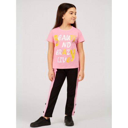 بجامة بناتي بأكمام قصيرة (قطعتين) لون زهري وأسود