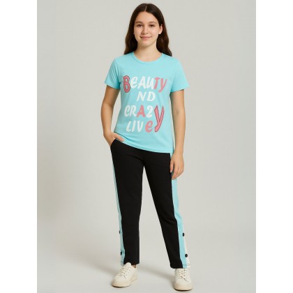 بجامة بناتي بأكمام قصيرة (قطعتين) لون أزرق وأسود