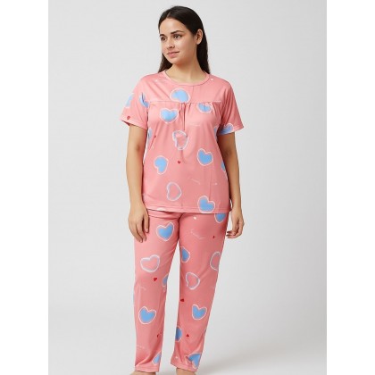 بيجامة ستاتية لون زهري اشكال ملون بنطلون وبلوزة نص كم One Size