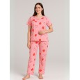 بيجامة ستاتية لون زهري اشكال ملون بنطلون وبلوزة نص كم One Size