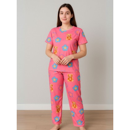 بيجامة ستاتية لون زهري اشكال ملون بنطلون وبلوزة نص كم One Size
