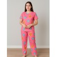 بيجامة ستاتية لون زهري اشكال ملون بنطلون وبلوزة نص كم One Size