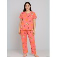 بيجامة ستاتية لون زهري اشكال ملون بنطلون وبلوزة نص كم One Size