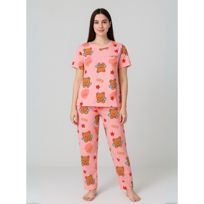 بيجامة ستاتية لون زهري اشكال ملون بنطلون وبلوزة نص كم One Size