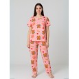 بيجامة ستاتية لون زهري اشكال ملون بنطلون وبلوزة نص كم One Size