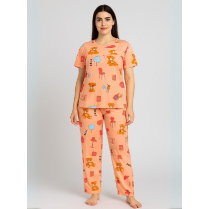 بيجامة ستاتية لون برتقالي اشكال ملون بنطلون وبلوزة نص كم One Size