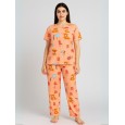 بيجامة ستاتية لون برتقالي اشكال ملون بنطلون وبلوزة نص كم One Size