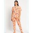 بيجامة ستاتية لون برتقالي اشكال ملون بنطلون وبلوزة نص كم One Size