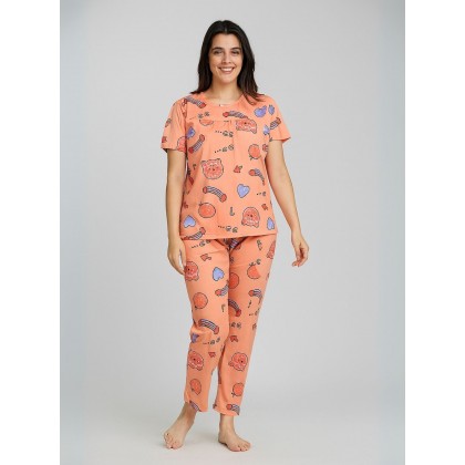 بيجامة ستاتية لون برتقالي اشكال ملون بنطلون وبلوزة نص كم One Size