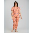 بيجامة ستاتية لون برتقالي اشكال ملون بنطلون وبلوزة نص كم One Size