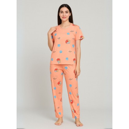 بيجامة ستاتية لون برتقالي اشكال ملون بنطلون وبلوزة نص كم One Size