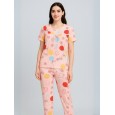 بيجامة ستاتية لون زهري اشكال ملون بنطلون وبلوزة نص كم One Size