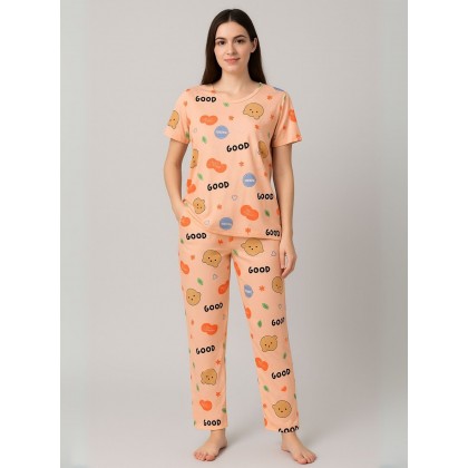 بيجامة ستاتية لون برتقالي اشكال ملون بنطلون وبلوزة نص كم One Size