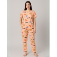 بيجامة ستاتية لون برتقالي اشكال ملون بنطلون وبلوزة نص كم One Size