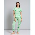بيجامة ستاتية لون اخضر اشكال ملون بنطلون وبلوزة نص كم One Size