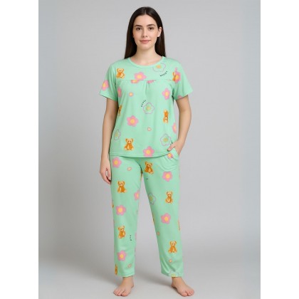 بيجامة ستاتية لون اخضر اشكال ملون بنطلون وبلوزة نص كم One Size